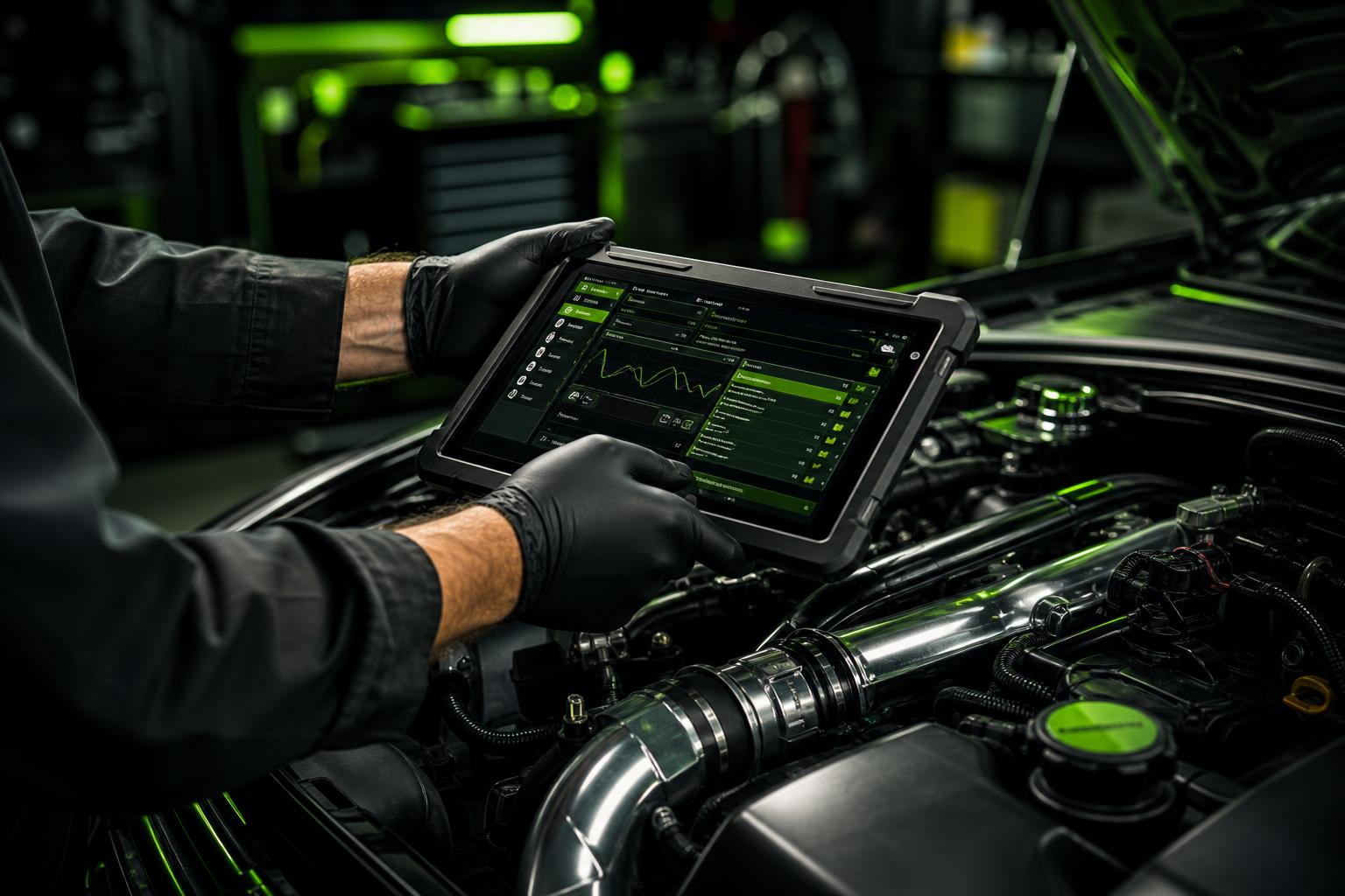 Mechanic using a diagnostic tablet over a car engine bay in a dark modern workshop